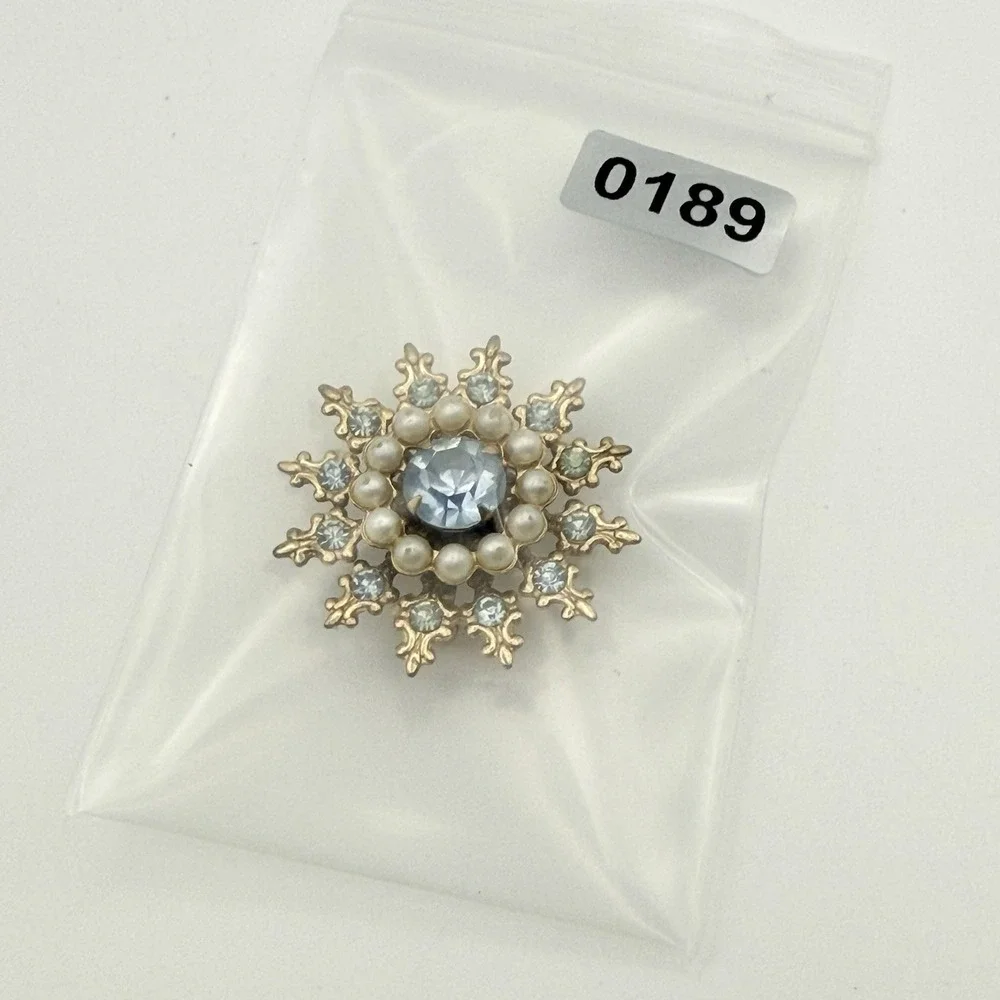 Vintage Starburst Brooch Light Blue Rhinestone Faux Pearl Gold Tone Sunburst Pin